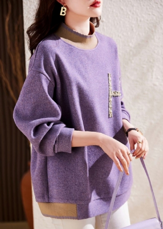 Sweat-shirt En Laine Violet Moderne Col Mi-haut Perles D'ongles Patchwork Automne