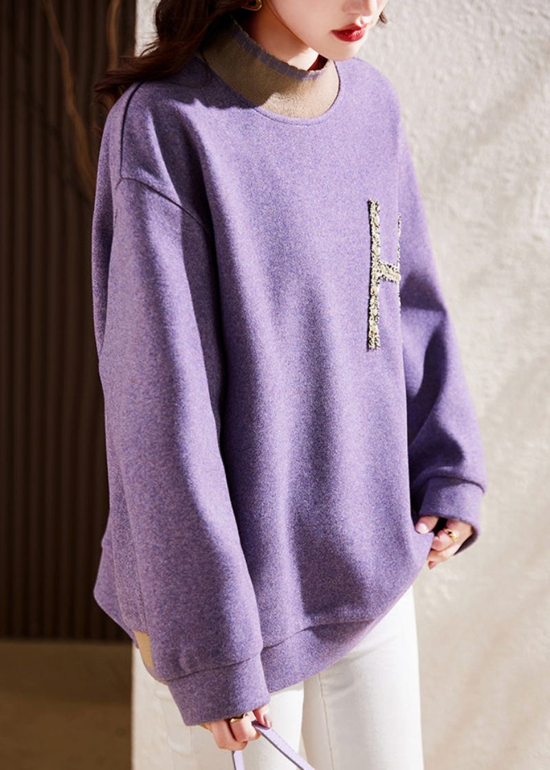 Sweat-shirt En Laine Violet Moderne Col Mi-haut Perles D'ongles Patchwork Automne - Manteaux en laine femmes