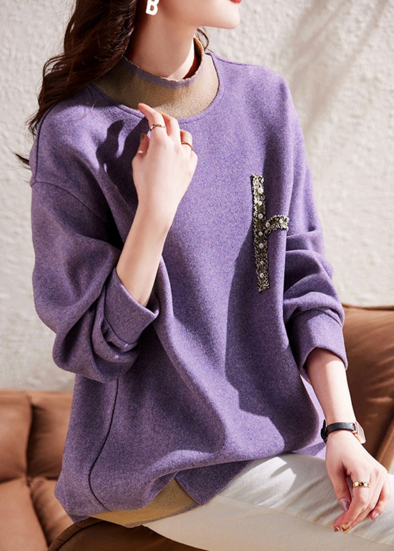 Sweat-shirt En Laine Violet Moderne Col Mi-haut Perles D'ongles Patchwork Automne - Manteaux en laine femmes