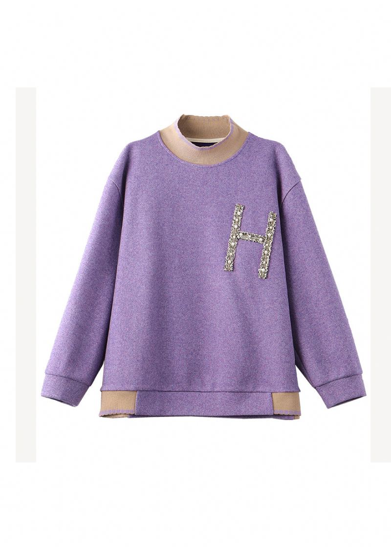 Sweat-shirt En Laine Violet Moderne Col Mi-haut Perles D'ongles Patchwork Automne - Manteaux en laine femmes