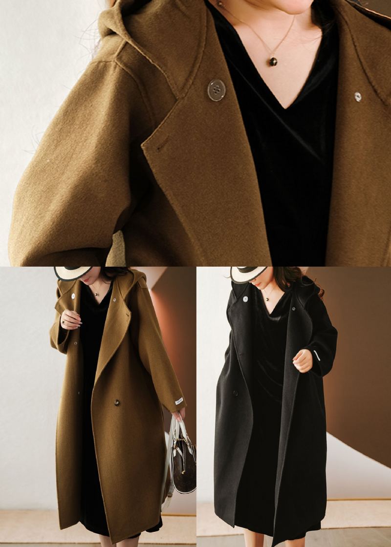 Trench Ample En Laine À Capuche Noir Français Couleur Unie Hiver - Noir