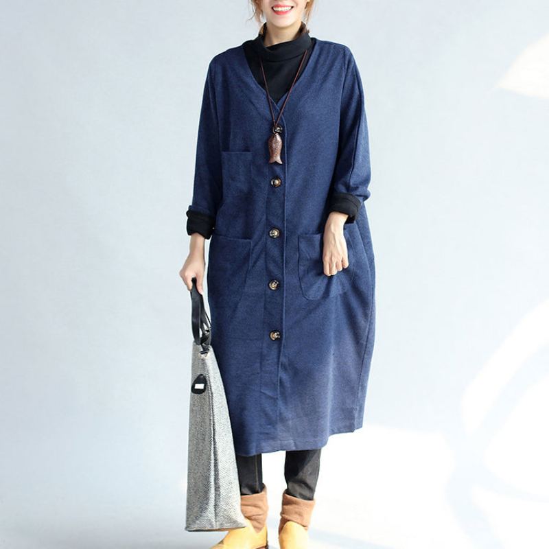 Trench-coat Chaud En Coton Bleu Marine Manteaux En Laine Poches Amples Cardigans À Col En V Automne Et Hiver - Manteaux en laine femmes