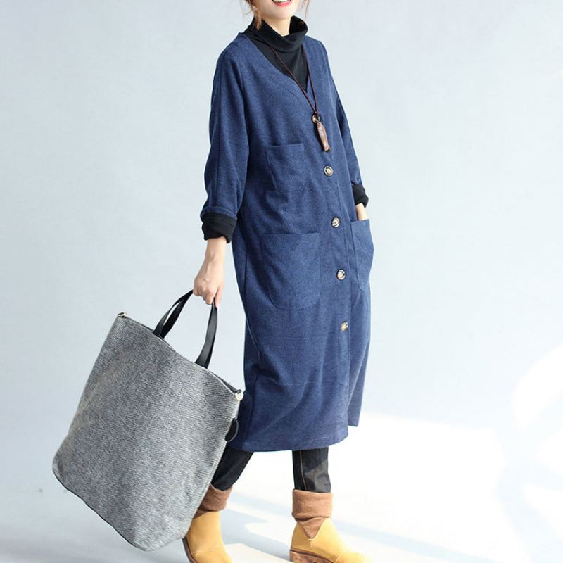 Trench-coat Chaud En Coton Bleu Marine Manteaux En Laine Poches Amples Cardigans À Col En V Automne Et Hiver - Manteaux en laine femmes