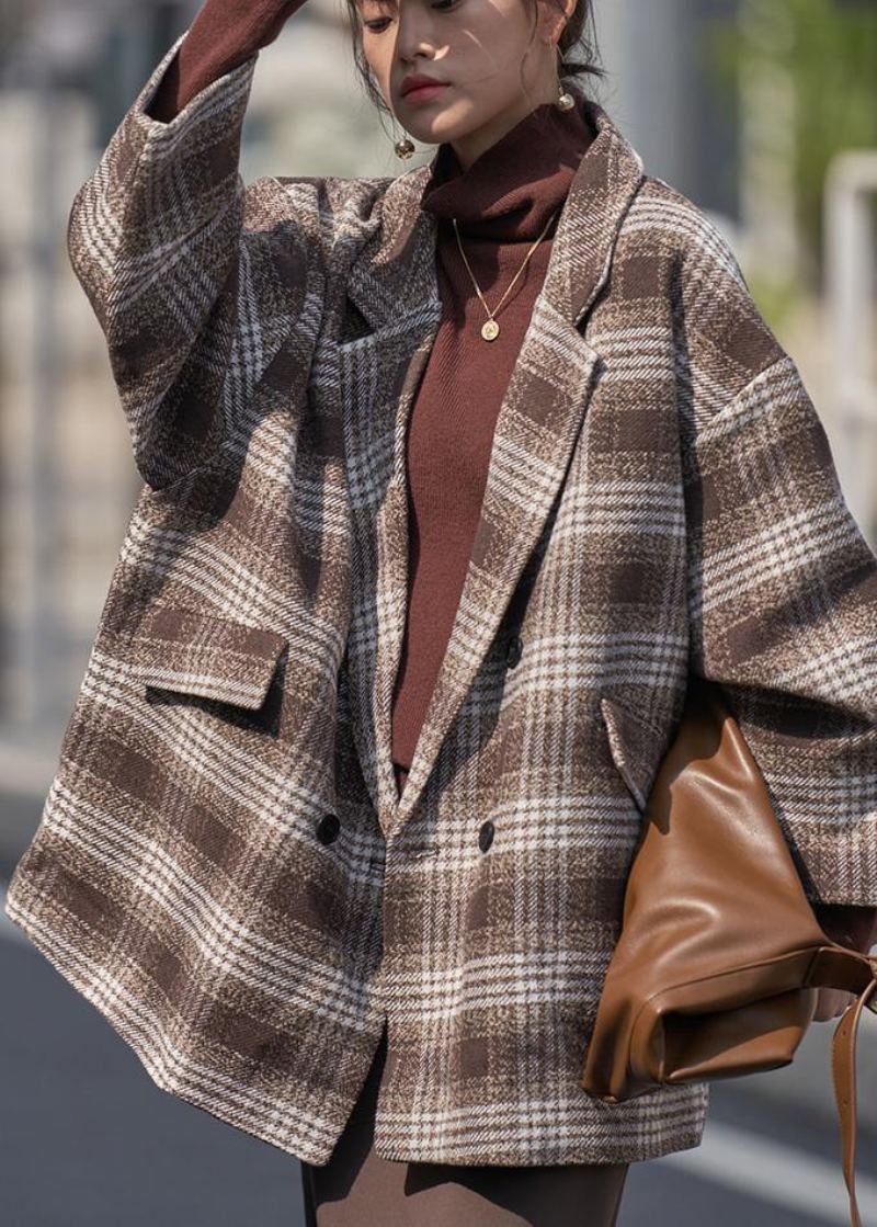 Trench-coat Fin À Carreaux Chocolat Amples Armoires Vestes En Laine À Double Poitrine Crantée