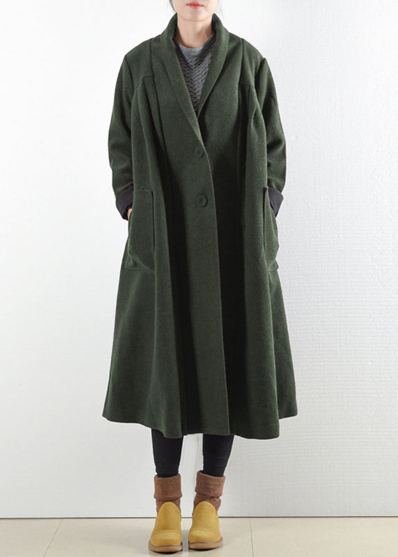 Trench-coat En Laine Avec Poches Boutonnées Vertes Élégantes Manches Longues - Manteaux en laine femmes