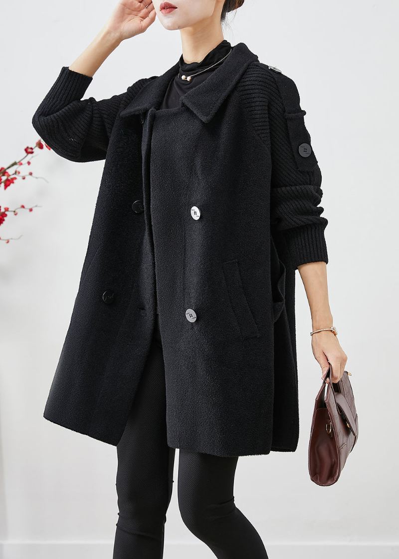 Trench-coat En Laine Noir À Double Boutonnage Décontracté Patchwork Automne