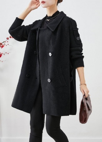 Trench-coat En Laine Noir À Double Boutonnage Décontracté Patchwork Automne