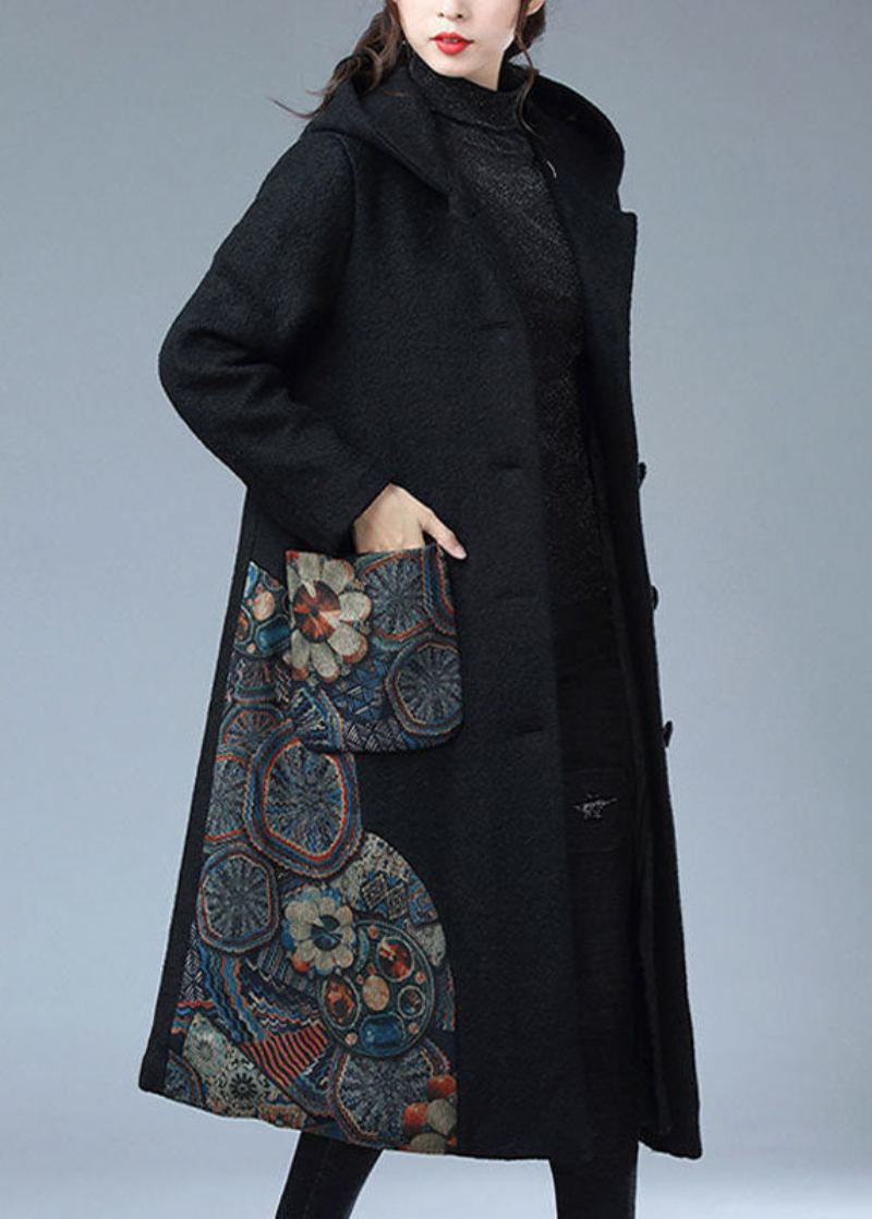 Trench-coat En Laine Polaire Chaud Imprimé À Capuche Noir Moderne Hiver - Manteaux en laine femmes