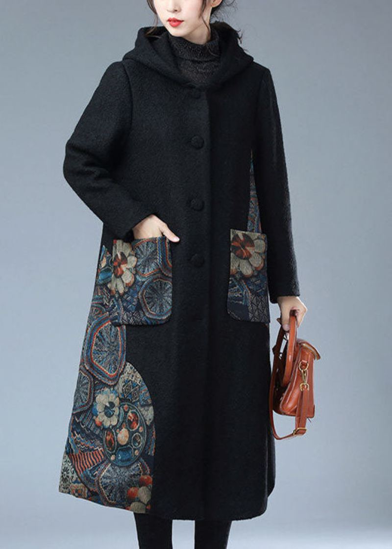 Trench-coat En Laine Polaire Chaud Imprimé À Capuche Noir Moderne Hiver - Manteaux en laine femmes