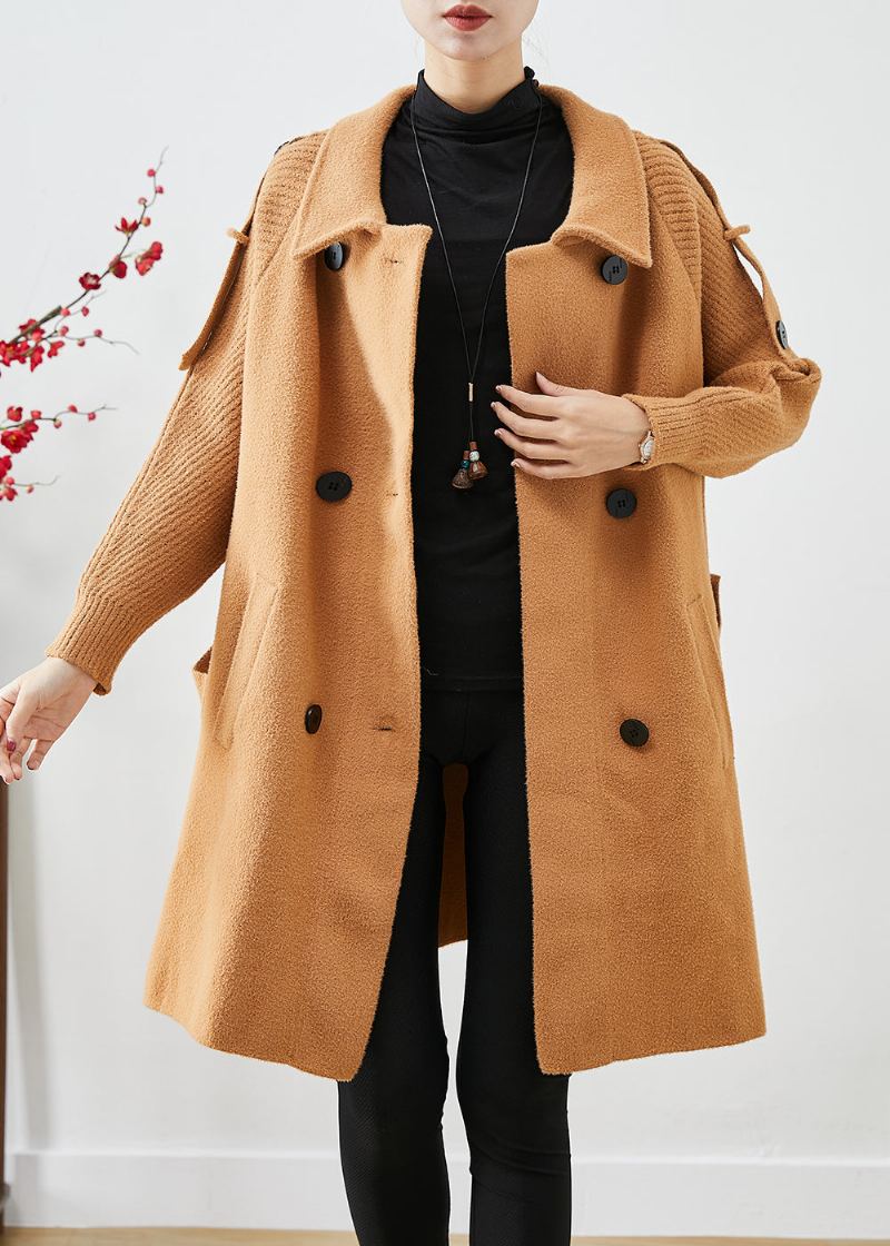 Trench-coat En Laine Tricoté À Double Boutonnage Style Boho Chameau Clair Patchwork Automne - Manteaux en laine femmes