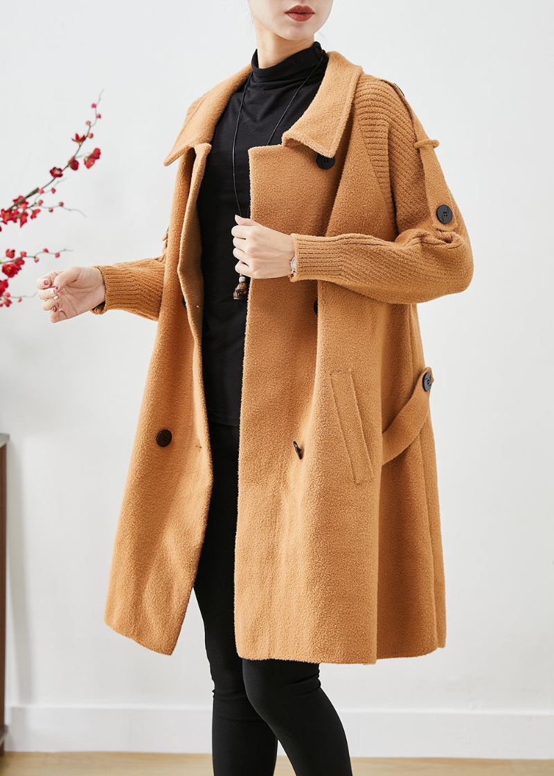 Trench-coat En Laine Tricoté À Double Boutonnage Style Boho Chameau Clair Patchwork Automne - Manteaux en laine femmes