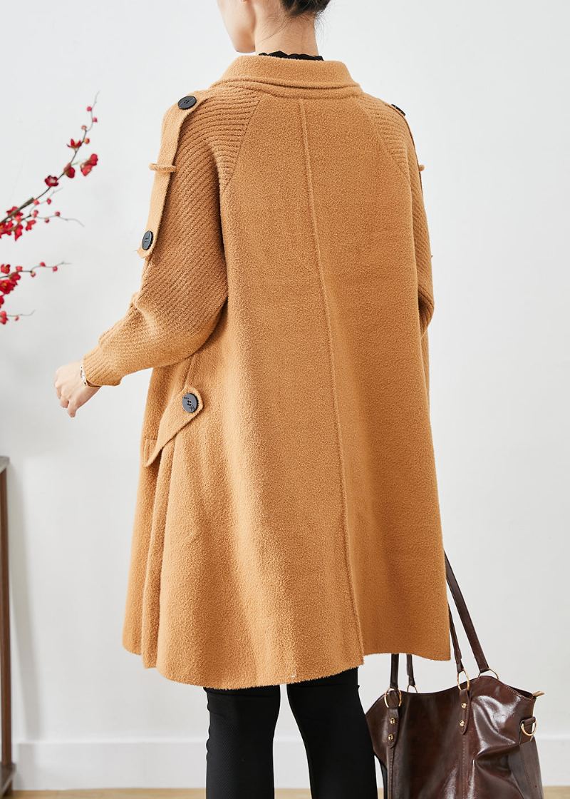 Trench-coat En Laine Tricoté À Double Boutonnage Style Boho Chameau Clair Patchwork Automne - Manteaux en laine femmes