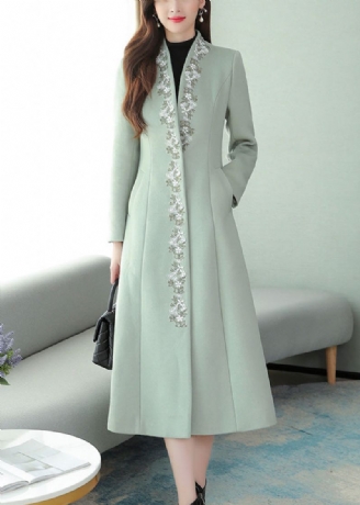 Trench-coat Maxi En Laine Floral Brodé Vert Menthe À Manches Longues