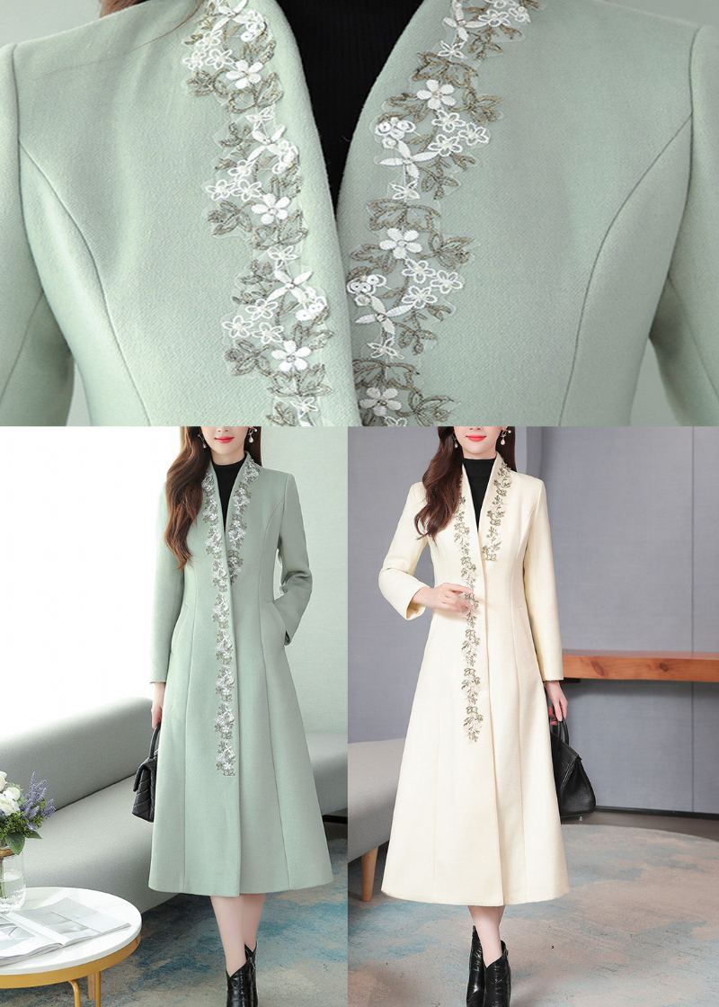 Trench-coat Maxi En Laine Floral Brodé Vert Menthe À Manches Longues - Vert Menthe