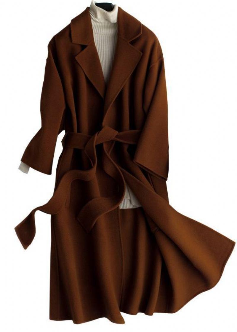 Trench-coat Surdimensionné De Luxe Pour Femmes Manteau En Laine Marron Cranté À La Taille - Manteaux en laine femmes