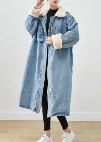 Trench En Jean Bleu Élégant Avec Poches Surdimensionnées Doublé De Laine Polaire Automne