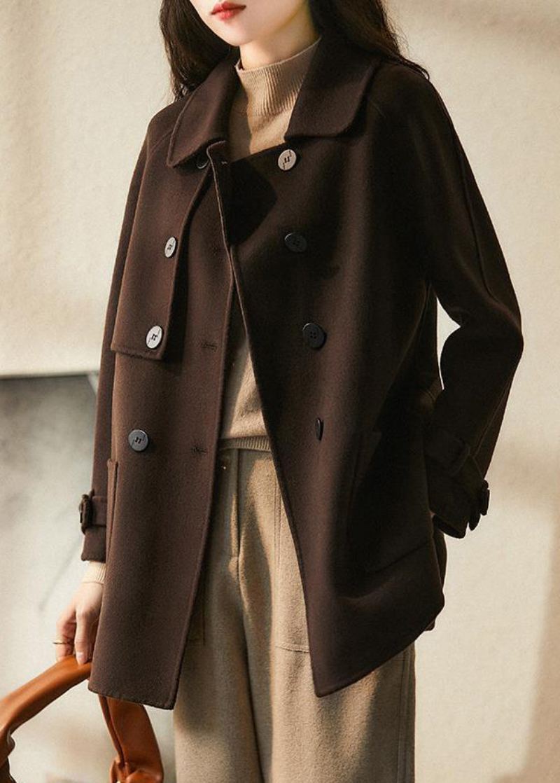 Trench En Laine Ample Chocolat Col Claudine Double Poitrine Automne - Manteaux en laine femmes