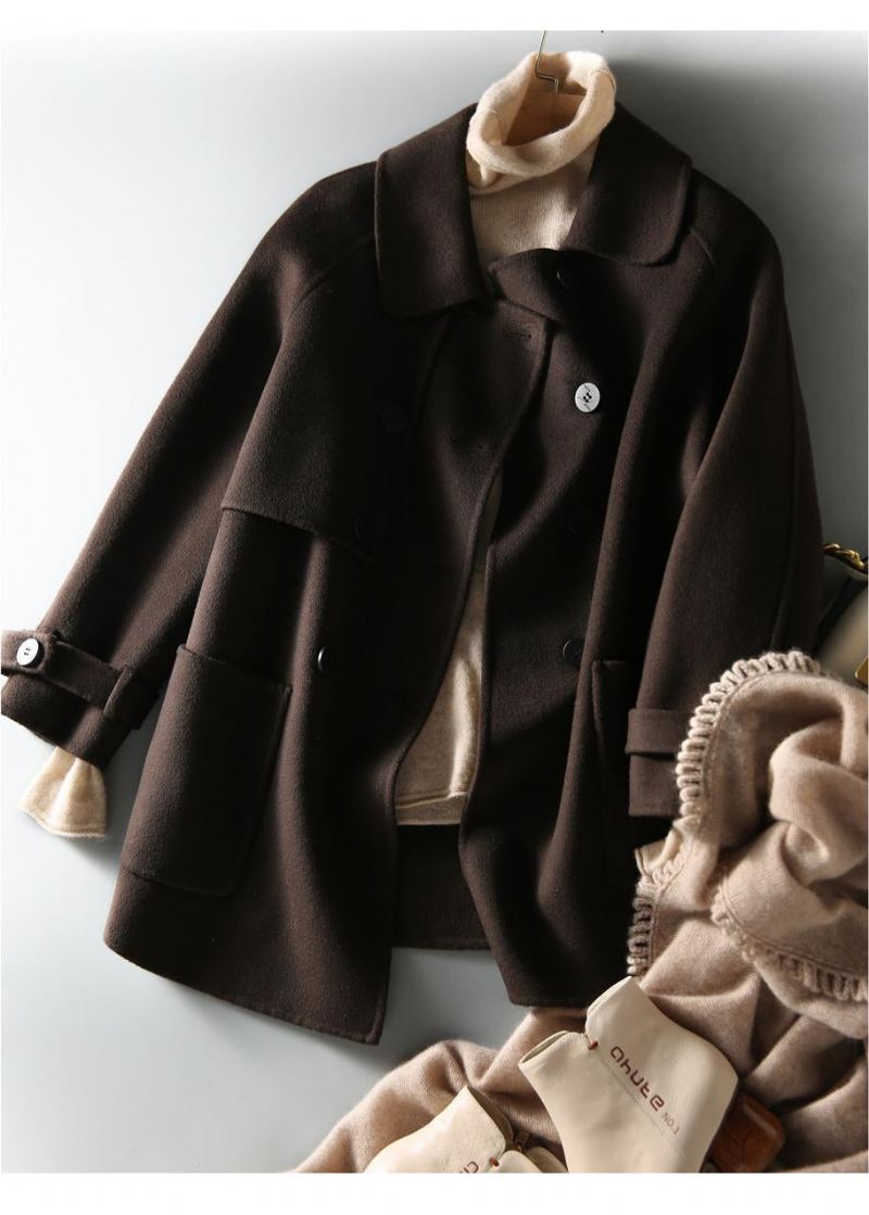 Trench En Laine Ample Chocolat Col Claudine Double Poitrine Automne - Manteaux en laine femmes