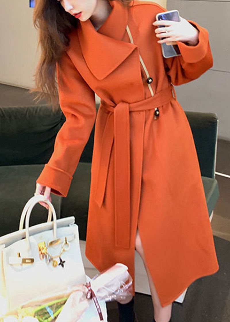 Trench En Laine Pour Femmes Orange Asymétrique Cravate À La Taille Automne - Manteaux en laine femmes