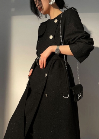 Trench En Laine Noir Moderne Avec Ceinture À Col Rond Design Original Manches Longues