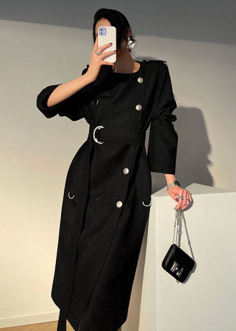 Trench En Laine Noir Moderne Avec Ceinture À Col Rond Design Original Manches Longues - Manteaux en laine femmes