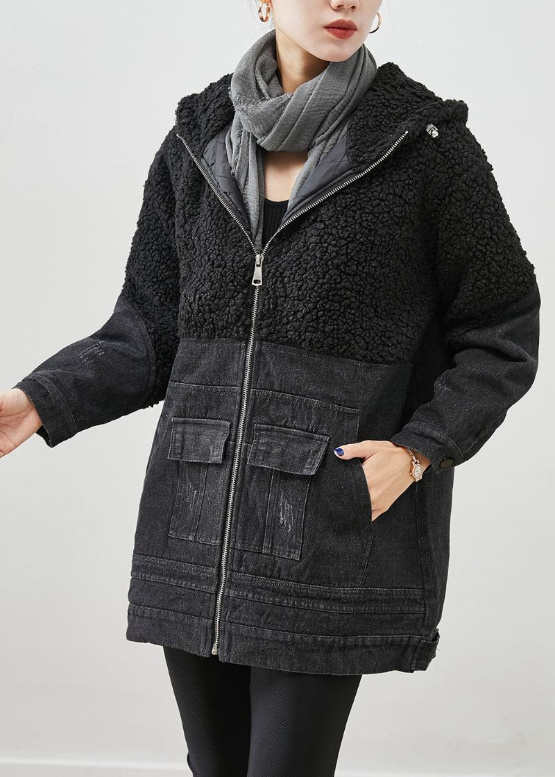 Unique Noir À Capuche Patchwork Laine Denim Fine Coton Rempli Vestes Hiver - Manteaux en laine femmes