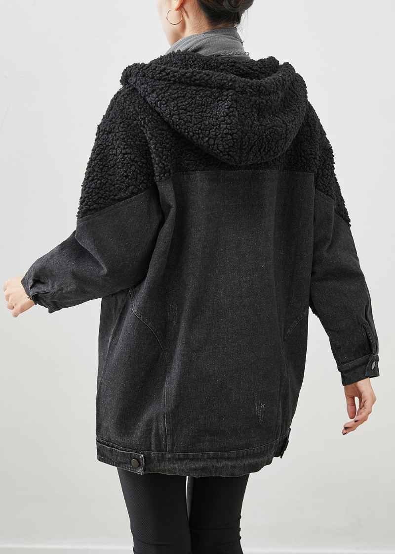 Unique Noir À Capuche Patchwork Laine Denim Fine Coton Rempli Vestes Hiver - Manteaux en laine femmes