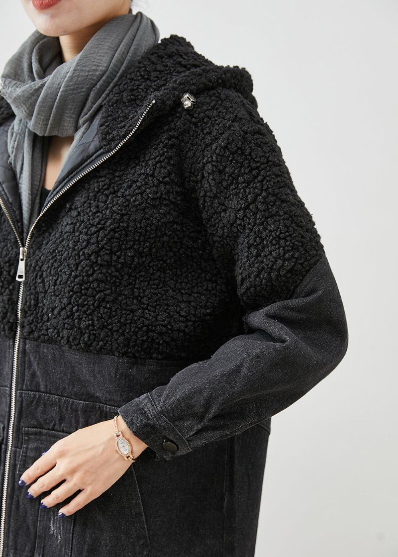 Unique Noir À Capuche Patchwork Laine Denim Fine Coton Rempli Vestes Hiver - Manteaux en laine femmes