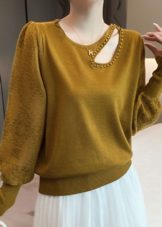 Unique Terre Jaune Évider Clou Perle Laine Haut En Tricot À Manches Longues