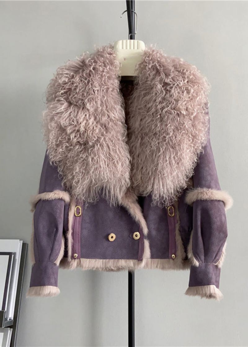 Veste D'hiver En Cuir Et Fourrure Col En Laine Violet Français Patchwork