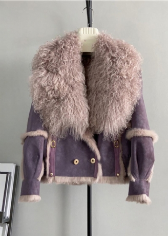 Veste D'hiver En Cuir Et Fourrure Col En Laine Violet Français Patchwork