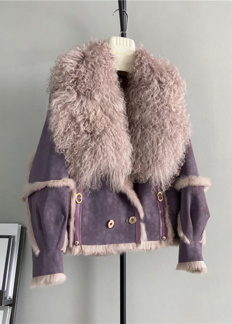 Veste D'hiver En Cuir Et Fourrure Col En Laine Violet Français Patchwork - Manteaux en laine femmes