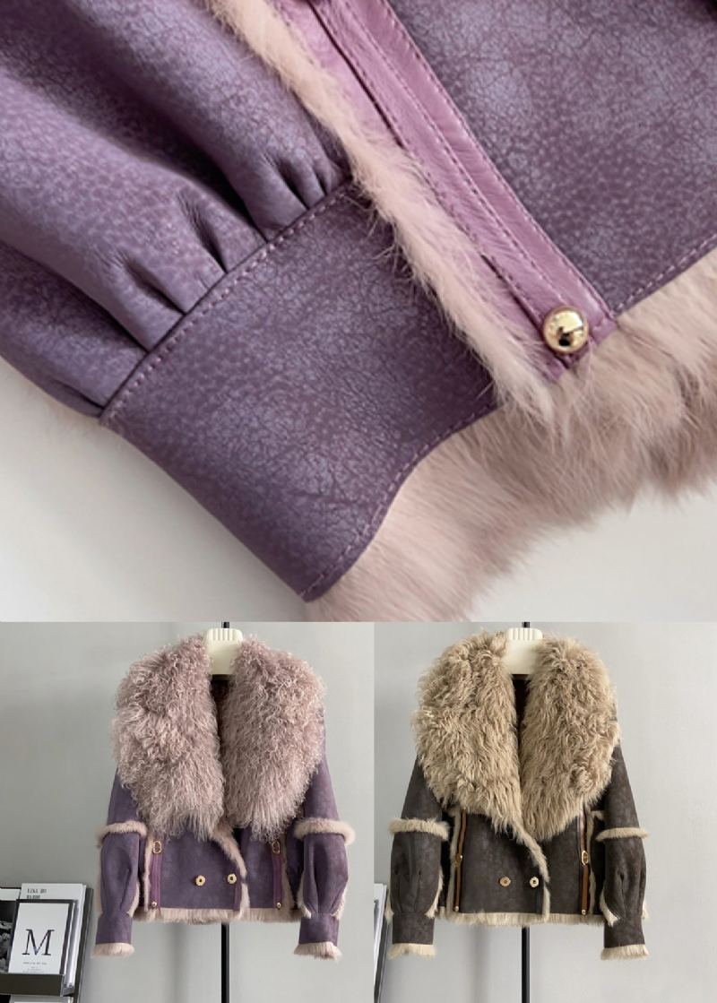 Veste D'hiver En Cuir Et Fourrure Col En Laine Violet Français Patchwork - Manteaux en laine femmes