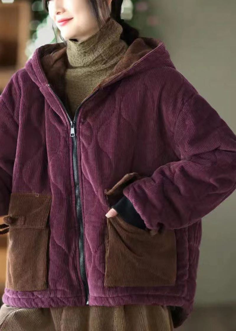 Veste D'hiver Doublée De Laine Polaire Velours Côtelé Pour Femme Avec Poches À Capuche Violettes