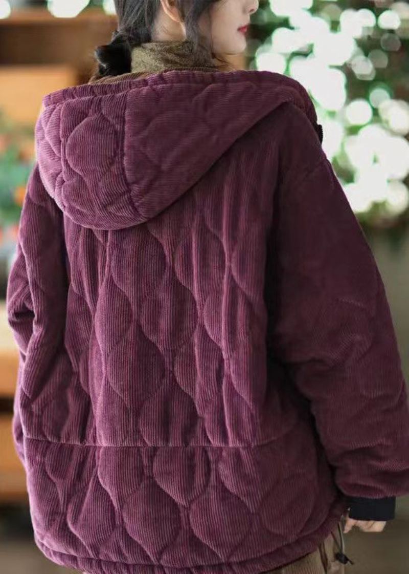 Veste D'hiver Doublée De Laine Polaire Velours Côtelé Pour Femme Avec Poches À Capuche Violettes - Manteaux en laine femmes