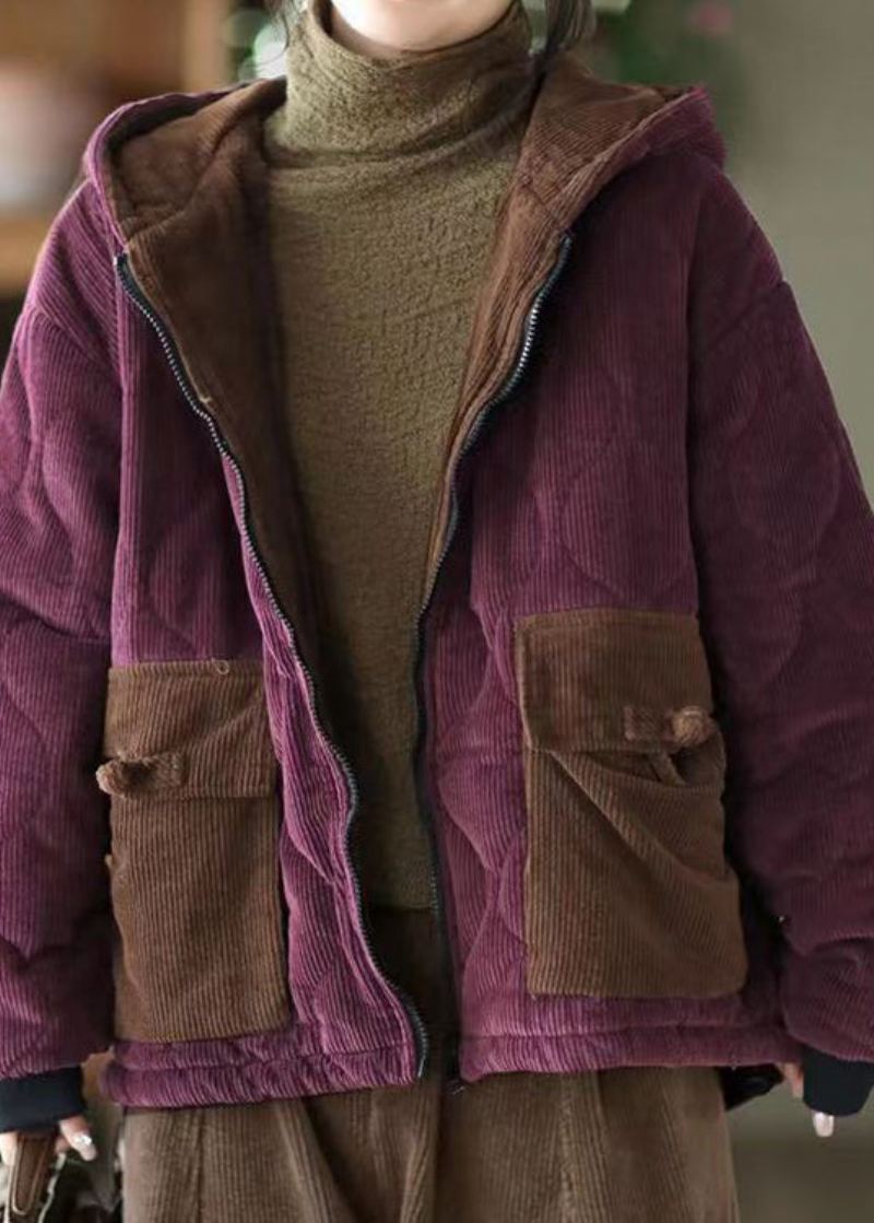 Veste D'hiver Doublée De Laine Polaire Velours Côtelé Pour Femme Avec Poches À Capuche Violettes - Manteaux en laine femmes