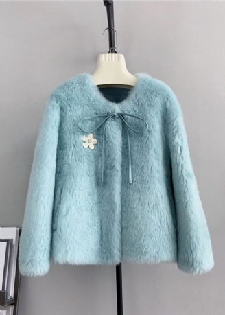 Veste D'hiver En Laine À Décoration Florale Bleu Unique Col Rond Nœud