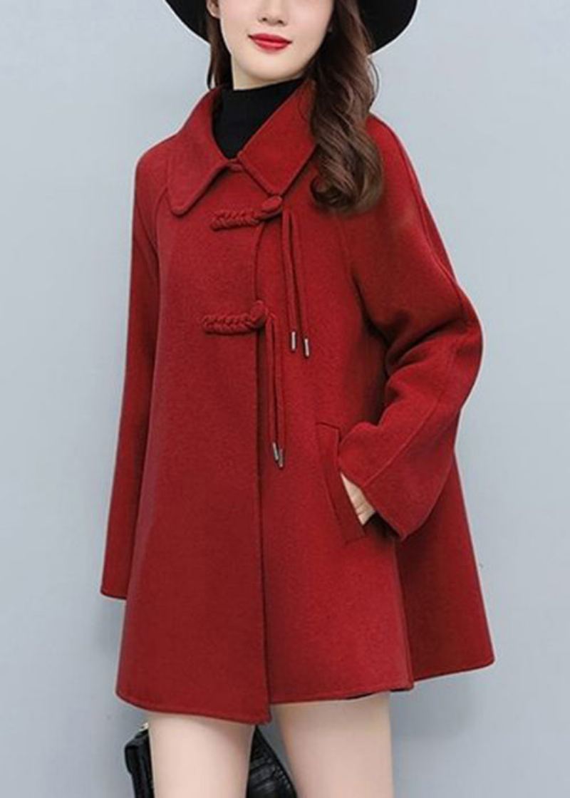 Veste En Laine Orientale Rouge À Glands Bouton Chinois Hiver - Manteaux en laine femmes