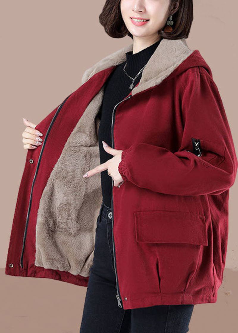 Vestes D'hiver Doublées De Laine Pelucheuse À Capuche Rouge Chic Avec Fermeture Éclair Surdimensionnée