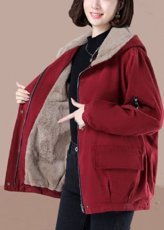 Vestes D'hiver Doublées De Laine Pelucheuse À Capuche Rouge Chic Avec Fermeture Éclair Surdimensionnée