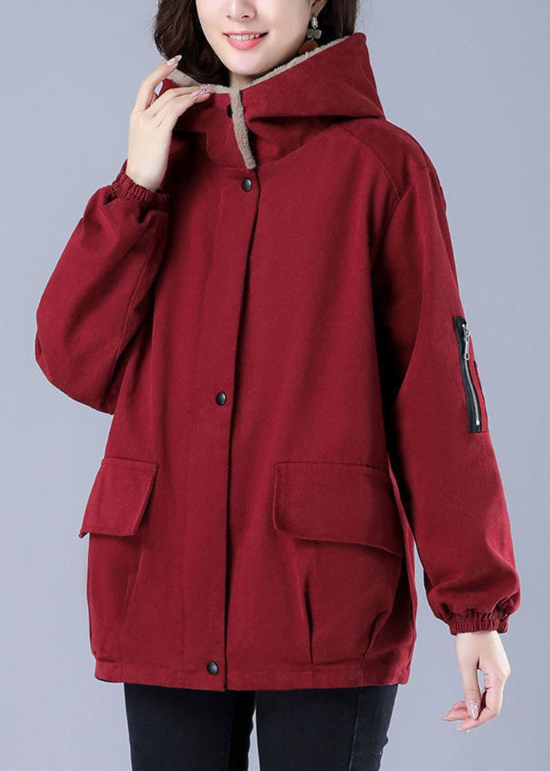 Vestes D'hiver Doublées De Laine Pelucheuse À Capuche Rouge Chic Avec Fermeture Éclair Surdimensionnée - Manteaux en laine femmes