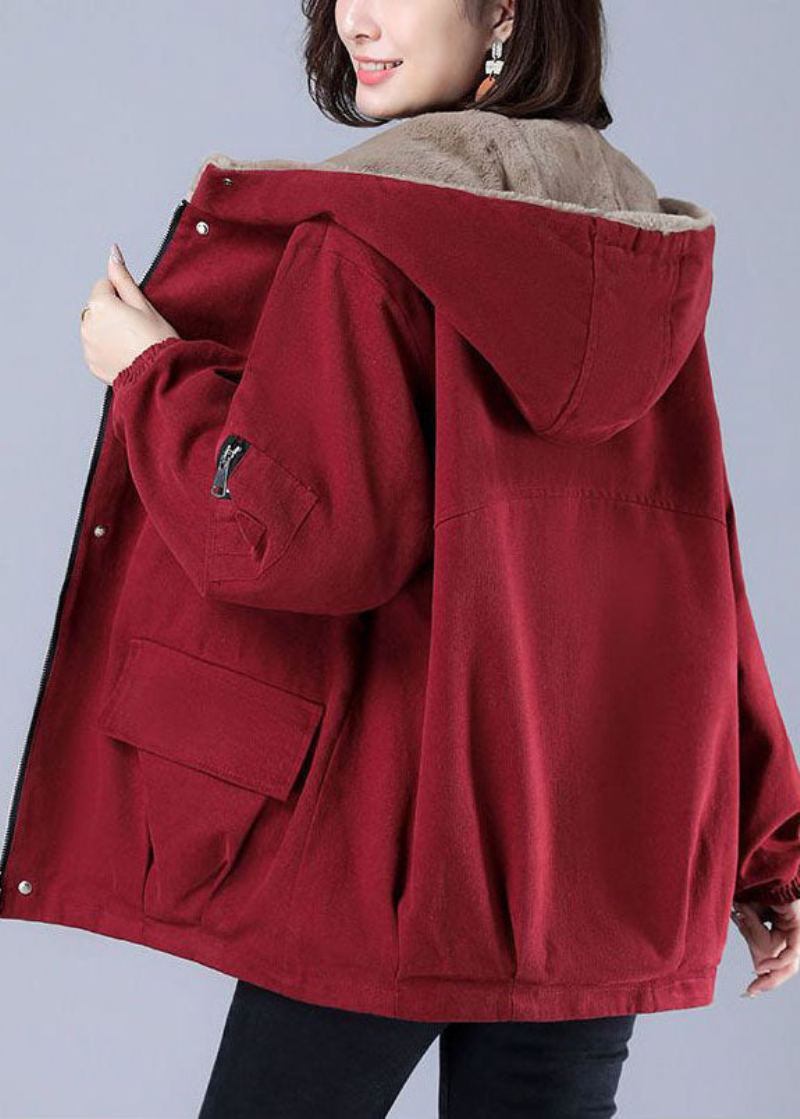 Vestes D'hiver Doublées De Laine Pelucheuse À Capuche Rouge Chic Avec Fermeture Éclair Surdimensionnée - Manteaux en laine femmes