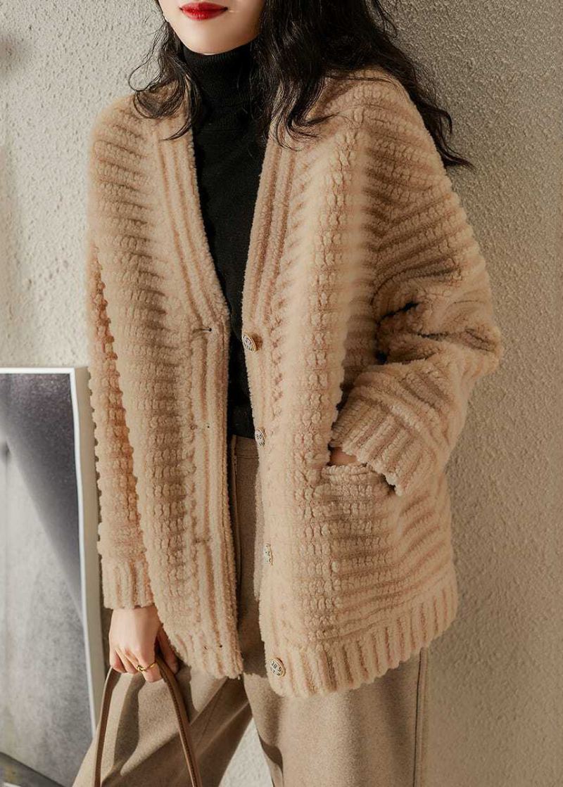 Vestes D'hiver En Laine Beige Français Poches À Col En V Patchwork - Manteaux en laine femmes