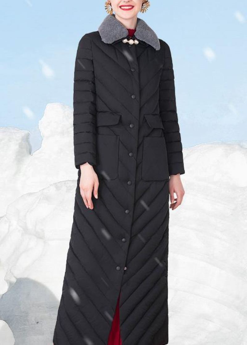 Vestes De Neige Fines Et Amples Avec Col En Laine De Lapin Pardessus Noir À Grandes Poches Doudoune Pour Femme - Manteaux en laine femmes