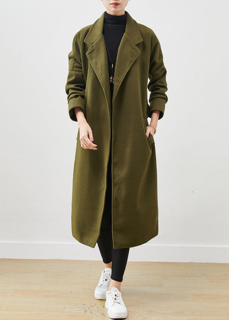 Vintage Armée Vert Surdimensionné Cravate Taille Laine Trench Printemps - Manteaux en laine femmes