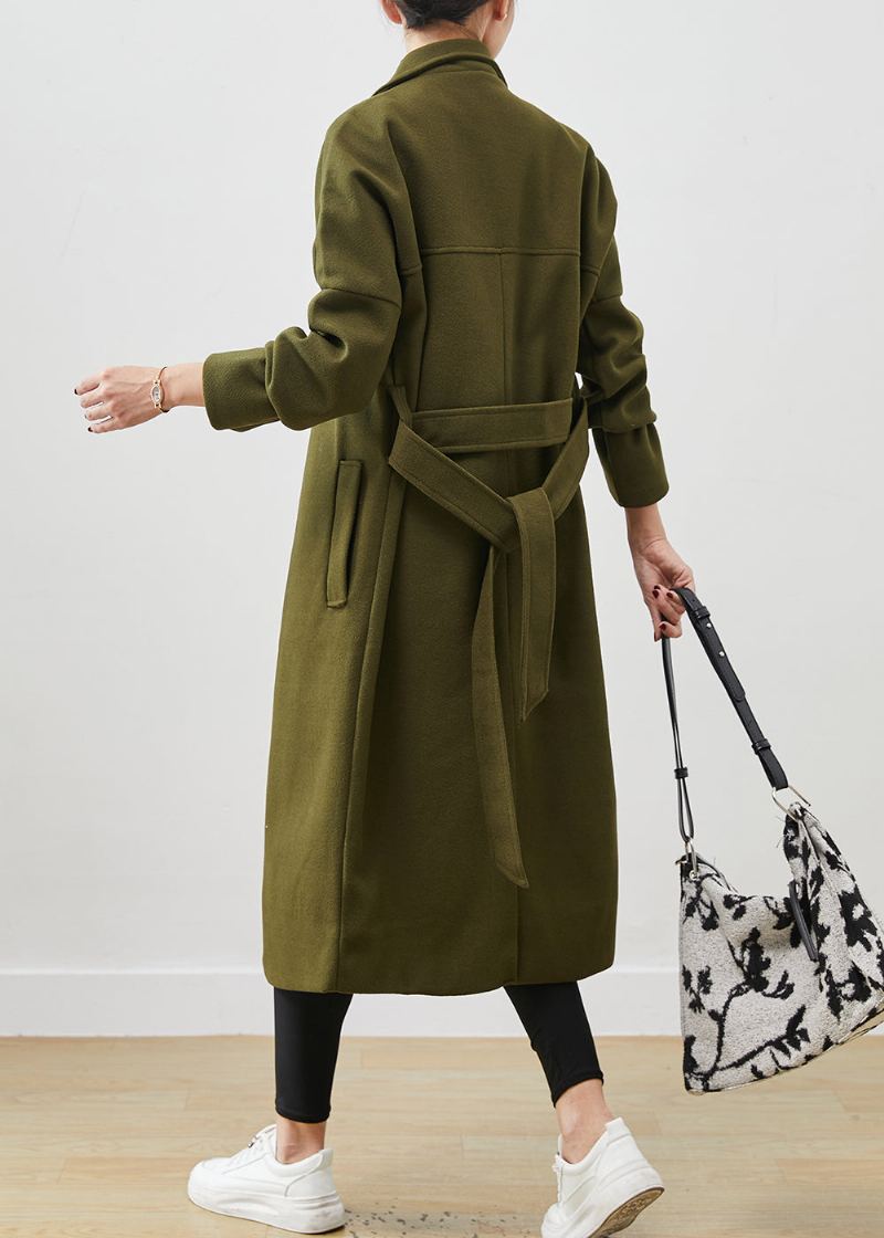 Vintage Armée Vert Surdimensionné Cravate Taille Laine Trench Printemps - Manteaux en laine femmes