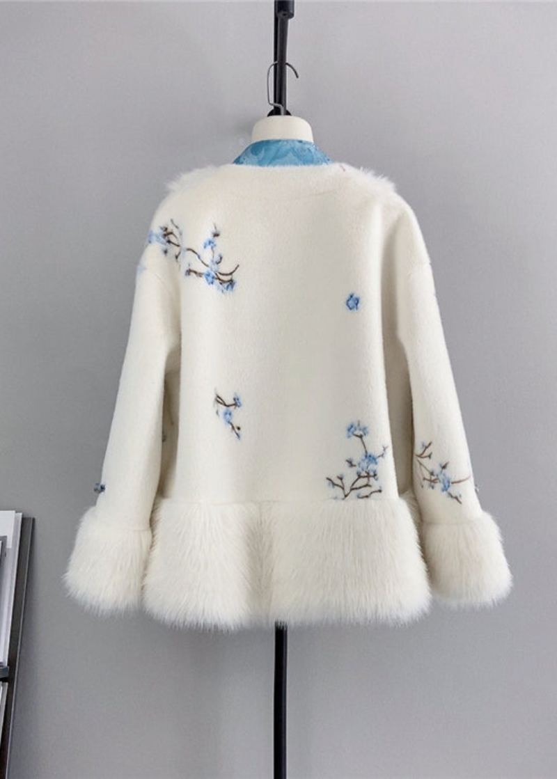 Vintage Bleu Col En V Glands Bouton Chinois Laine Vison Cachemire Hiver - Manteaux en laine femmes