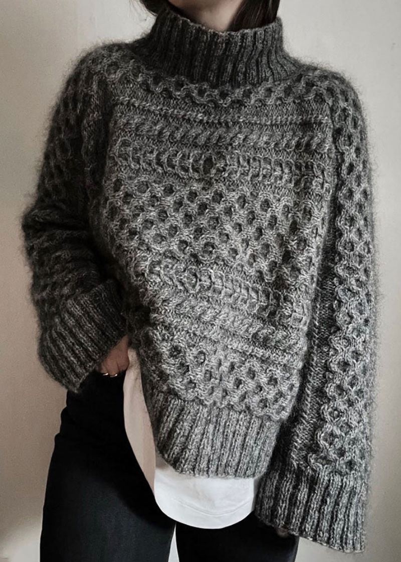 Vintage Gris Foncé Col Roulé Patchwork Laine Tricot Pull Automne