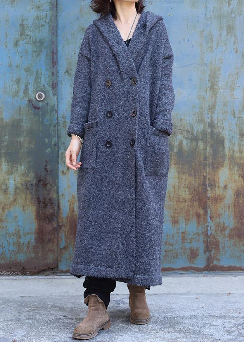 Vintage Gris Foncé Vêtements D'extérieur En Laine Tendance Grande Taille Double Poitrine Maxi Manteau À Capuche En