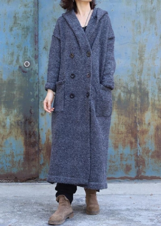 Vintage Gris Foncé Vêtements D'extérieur En Laine Tendance Grande Taille Double Poitrine Maxi Manteau À Capuche En